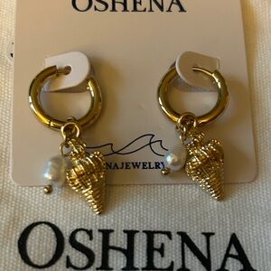 Oshena designer Beachwear Gold Shell and Pearl Earrings